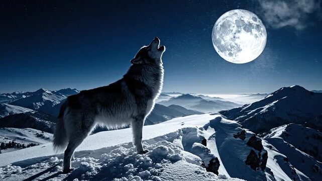 A Lone Wolf Howls at the Full Moon on a Snowy Mountain Peak at Night
