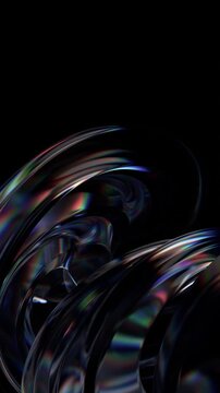 Abstract iridescent glass shape rotating on a black background, vertical 4k seamless loop 3d animation