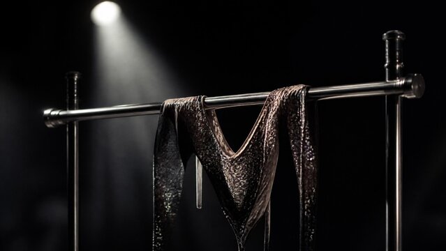 aerialist. Polished silver aerialist bar with sequined costume draped over it, spotlight. product launch decks, UI/UX mockups, designed for data visualization dashboards and holographic UIs.