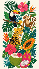 Obraz premium Vibrant tropical scene with exotic animals, fruits, and lush foliage