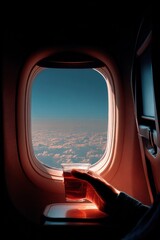 Fototapeta premium Travel trip journey. A vivid portrayal of an airplane window, providing a breathtaking view of the sky and clouds. A hand holds a clear plastic cup filled with a dark liquid, likely tea or coffee.