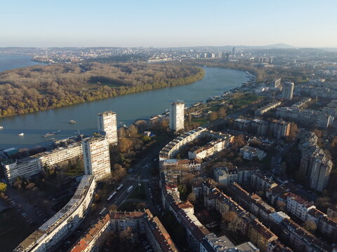 Drone view of sunset above New Belgrade and Zemum districts, Serbia, Europe. 4K.