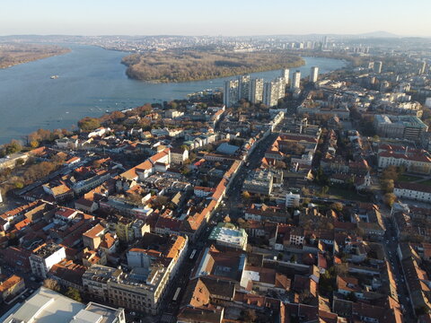 Drone view at sunset above Zemum district, Belgrade, Serbia, Europe. 4K.