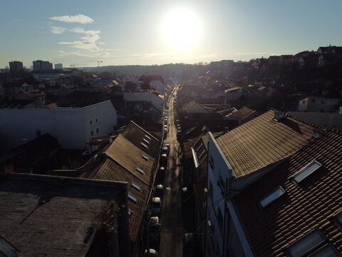 Drone view at sunset above Zemum district, Belgrade, Serbia, Europe. 4K.