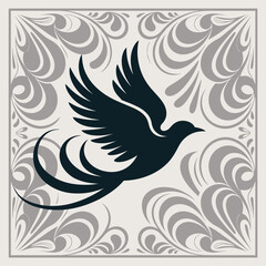 Fototapeta premium Avian morphology study featuring aerodynamic wing curvature and monochromatic pigment contrast against repetitive floral geometry