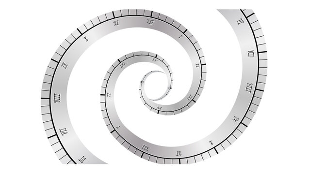 Creative spiral clock vector illustration isolated on a transparent background, abstract time vortex with roman numerals concept of infinity time travel and past eternity.