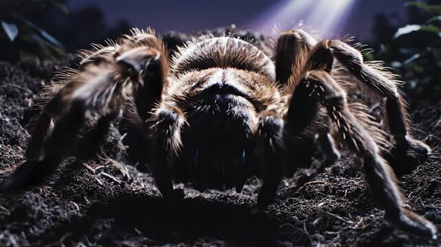 Close-up of a large, hairy tarantula spider emerging from dark soil