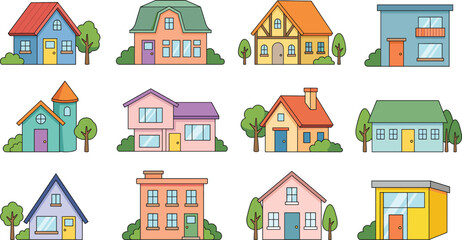 Naklejka premium Cartoon houses vector set, cute residential building collection, real estate isolated on white