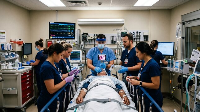 Emergency Room Medical Team Intubating Patient on Gurney in ICU Hospital Trauma Bay