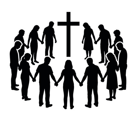 People forming prayer circle around Christian cross