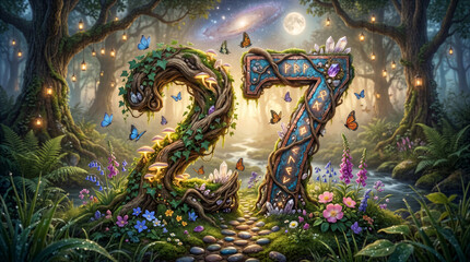 Fototapeta premium Fantasy number 27 in enchanted forest with glowing crystals and butterflies digital art