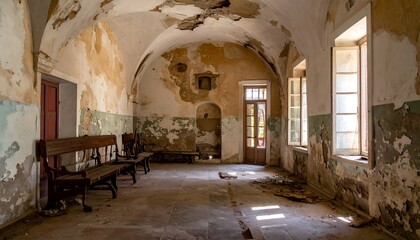 Fototapeta premium Abandoned Historic Room with Peeling Walls and Sunlight Through Tall Windows