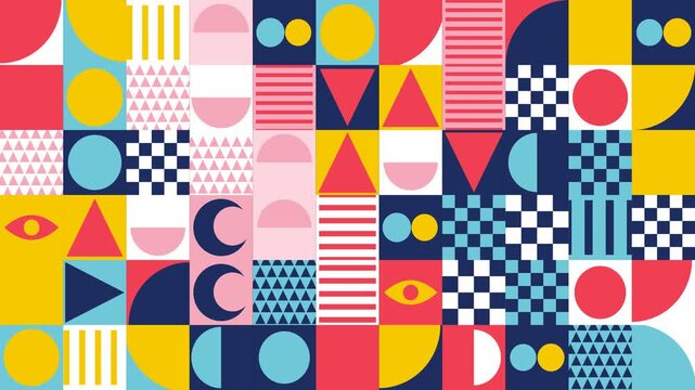 Colorful Geometric Bauhaus Style Seamless Pattern With Abstract Shapes Squares Circles Triangles Lines And Minimalist Icons