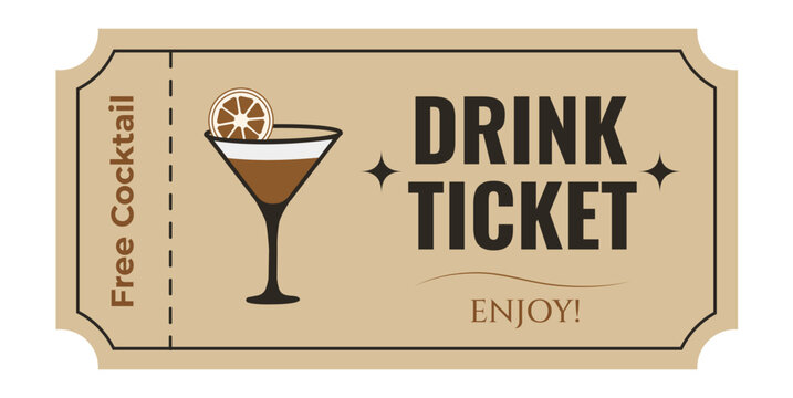 Retro Drink Ticket Voucher Template with Cocktail Illustration and Admission Stub