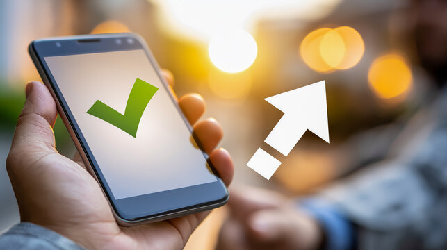 スマートフォンに表示されたチェックマークを持つ手のビジネスイメージ