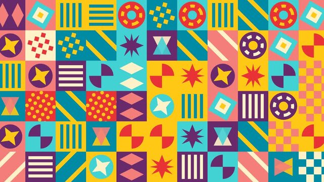 Colorful Geometric Pattern Background with Abstract Neo Geo Grid Shapes and Vibrant Flat Vector Texture