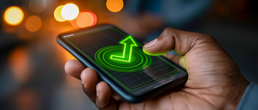 スマートフォンのチェックマークと上昇矢印で表す成功イメージ