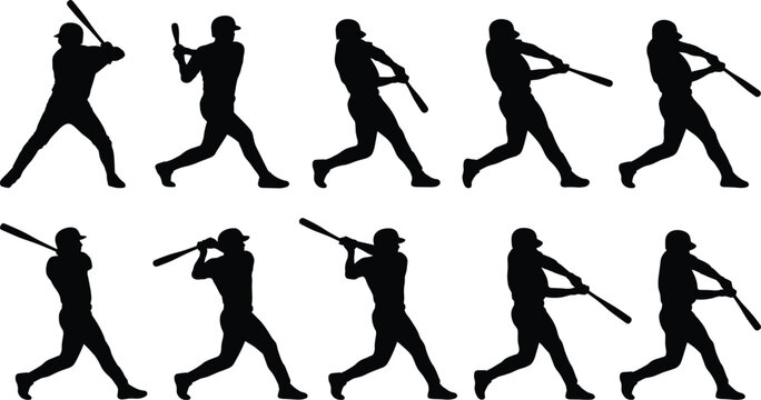 Baseball batter silhouette vector set, player swinging bat sequence collection, sports isolated on white background