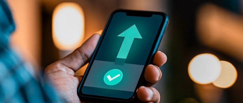 スマートフォンのチェックマークと上昇矢印で表す成功イメージ