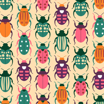 Repetitive pattern of chitinous coleoptera with varied pigmentation and elliptical exoskeleton morphology on neutral background