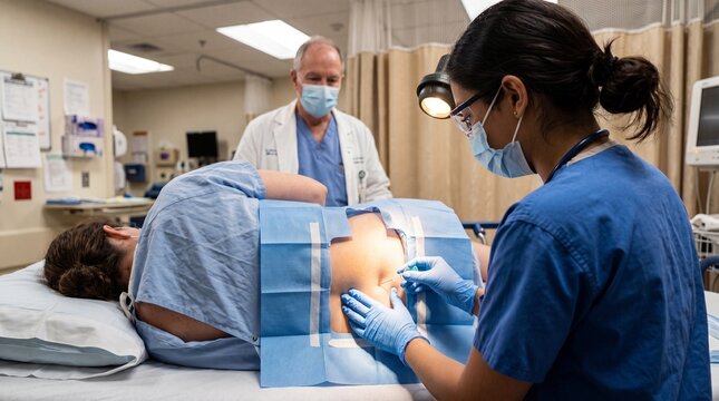 Anesthesiologist Injecting Epidural Epidural Anesthesia Block into Patient Lower Back Before Surgery