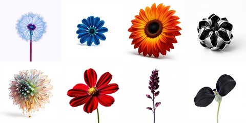 Fototapeta premium Various flowers displayed against dark background. Bright colors, delicate petals, botanical beauty present. Simple composition.