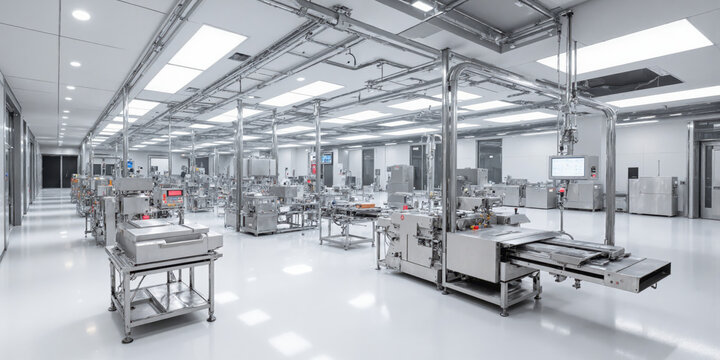 Automated food production plant with robots and conveyor belts, sterile white floors, and soft lighting creating a sleek, high-efficiency environment.