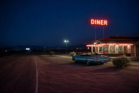 Retro convertible car parked at a roadside diner at night. Vintage American roadside architecture with glowing neon sign in an empty desert landscape during dusk. Travel concept