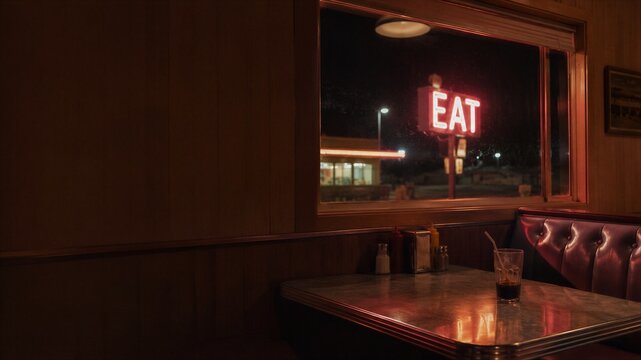 Empty booth in retro diner at night with glowing neon eat sign outside window. Vintage restaurant interior with wooden walls and classic table setting. Melancholy mood and cinematic style