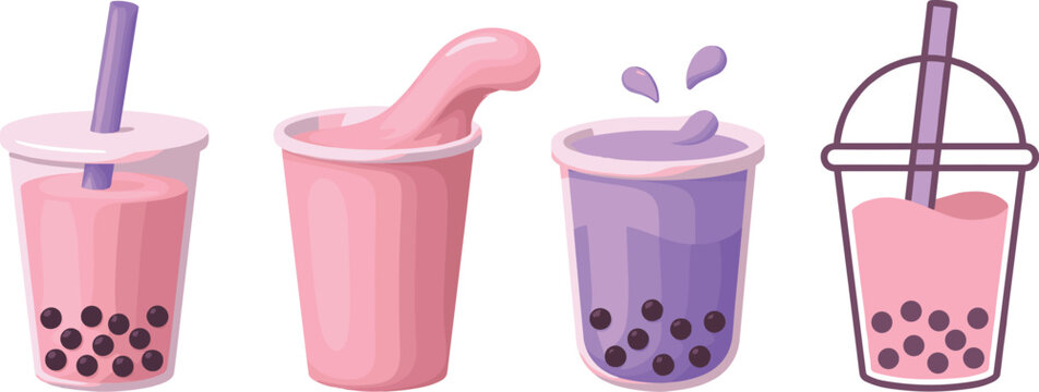Strawberry and Taro Bubble Tea Vector Icon Set featuring Pink Boba Cup Milkshake Splash Purple Yam Drink and Outline Straw Design Elements