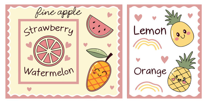 Set of cute fruit themed cards with hand drawn illustrations of watermelon strawberry and mango characters colorful posters with funny faces for kids design