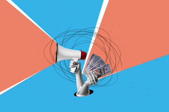 Flat design Illustration. A businesswomans hands with a megaphone and bonus money. Promotion, action success business with isolated free area concept.