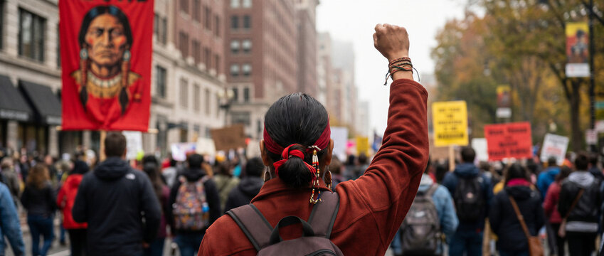 Indigenous rights activist raising fist during urban protest march in social justice rally for cultural identity, solidarity and community resistance.