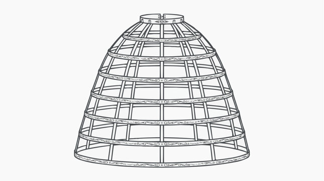 Victorian era crinoline cage skirt support structure with decorative scroll patterns on the hoops isolated on white background