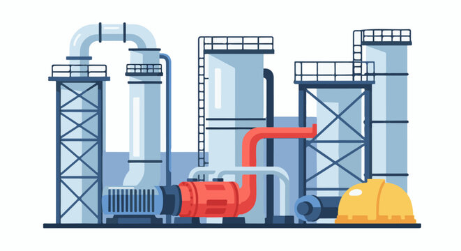 Industrial complex with pipes, towers, a pump, and a hard hat