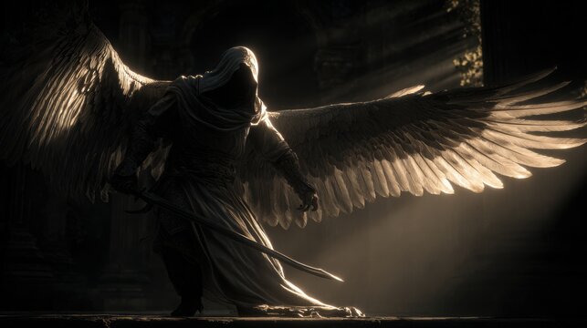 Fantasy wallpaper. A dark, atmospheric portrayal of an angelic figure with large, featherlike wings. The figure stands in a contemplative pose, holding a sword in one hand and a shield in the other.