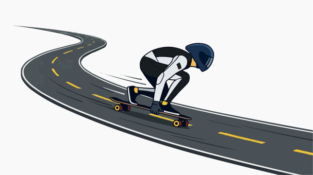 Skateboarder in protective gear speeds down a winding asphalt road with yellow lane markings