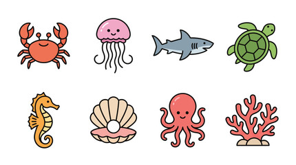Obraz premium Set of cute colorful marine life and sea creature icons