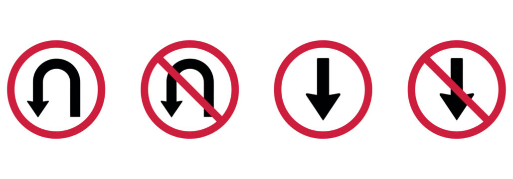Set of four traffic road signs showing mandatory and prohibited u-turn and downward arrow symbols.