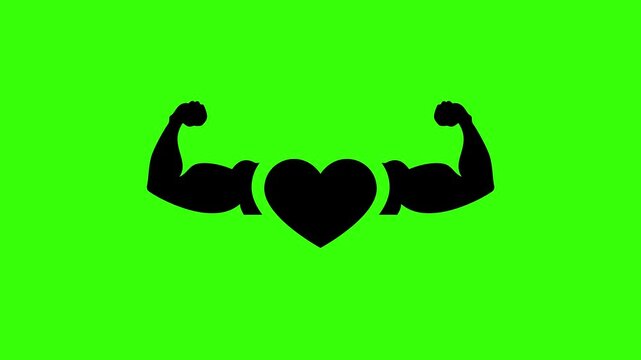 Strong Heart Fitness Icon Animation Featuring Flexing Bicep Muscles on Green Screen Background