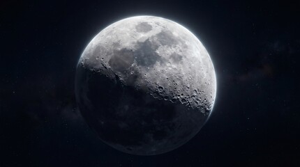 Naklejka premium Detailed view of the moon surface with craters in dark space.