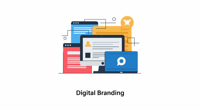 A colorful illustration of digital branding concept with various devices