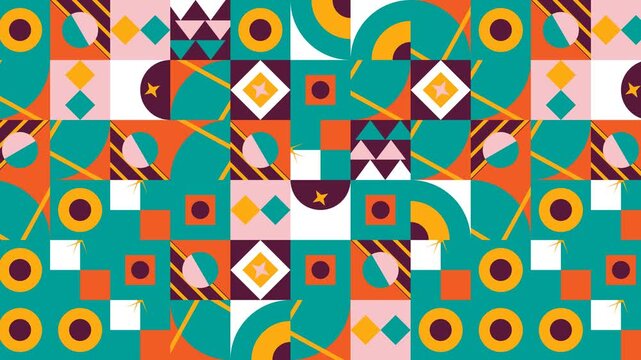Colorful abstract geometric grid pattern background with retro mid-century modern shapes