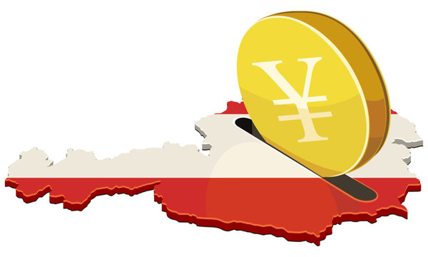 Vector artwork symbolizing foreign investment, Asian trade partnerships, international commerce, and currency exchange inside the map of Austria, (cut out)
