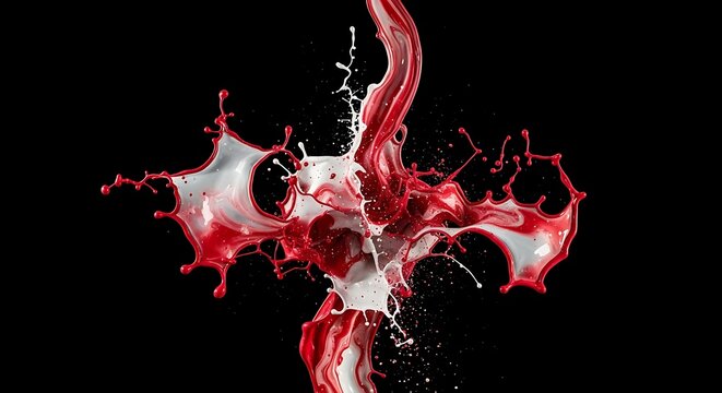 Dynamic splash of red and white liquids colliding in an abstract pattern against a dark background.