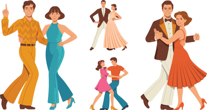 Retro Dancing Couples Vector Character Set Featuring Vintage Disco Ballroom and Swing Dance Styles for Nostalgic Party and Celebration Designs