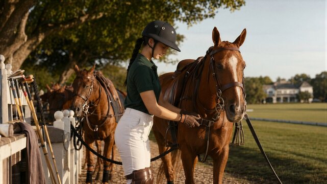 Woman polo player adjusting saddle on brown horse before match. Equestrian athlete preparing for competition. Outdoor activity at horse stable during sunny day. Sports and lifestyle concept