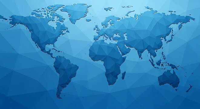 Blue Polygonal World Map Displayed on Abstract Geometric Background