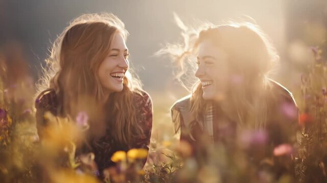 Happy young women laughing freely, enjoying genuine friendship, sharing a heartfelt connection in a sunny golden wildflower meadow, pure joy, memorable outdoor experience