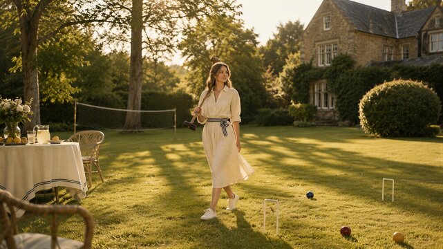 Woman playing croquet on a green lawn in front of a manor house at sunset. Elegant lady holding a mallet during a summer garden game. Recreational outdoor lifestyle and leisure activity